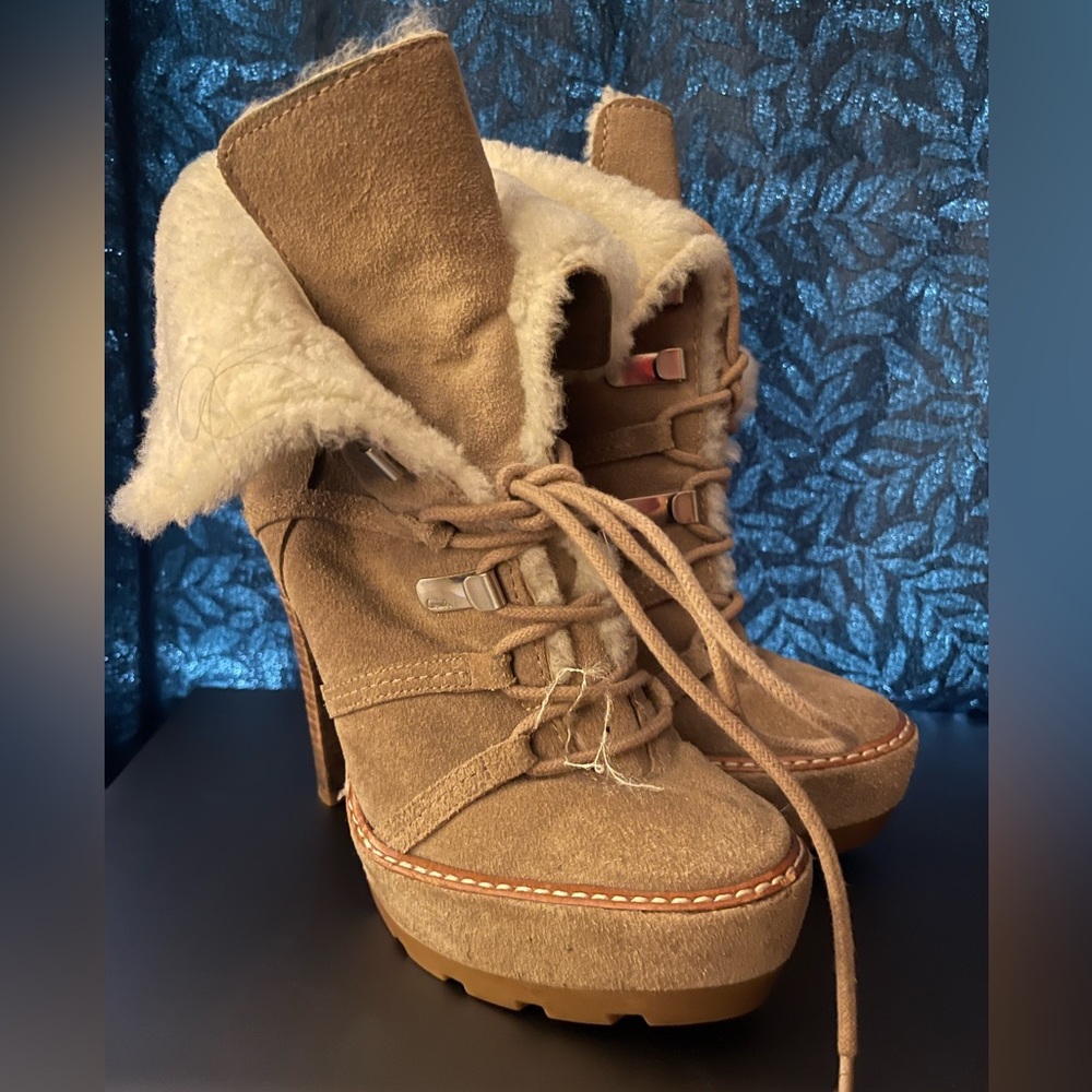 COACH Sydney Suede Lace Up Shearling Ankle Bootie Heels
